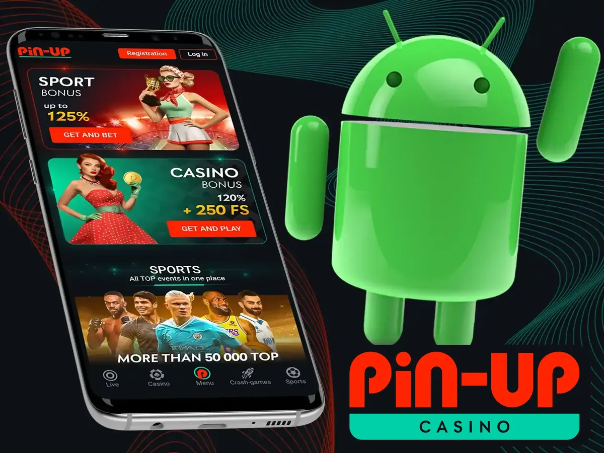Pin-Up app on an Android phone next to the Android robot – APK download