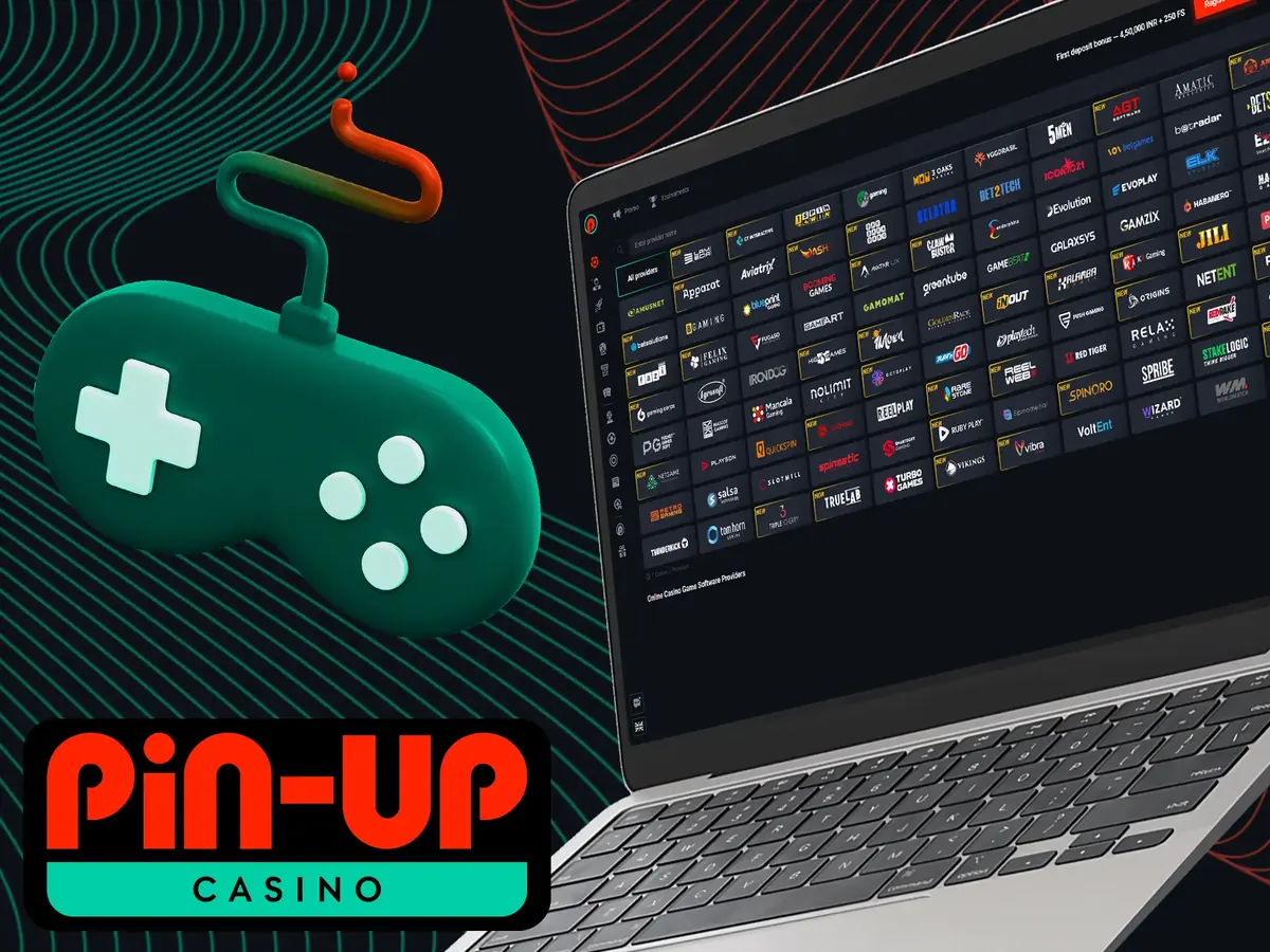 Pin-Up game lobby on a laptop next to a game controller – game providers