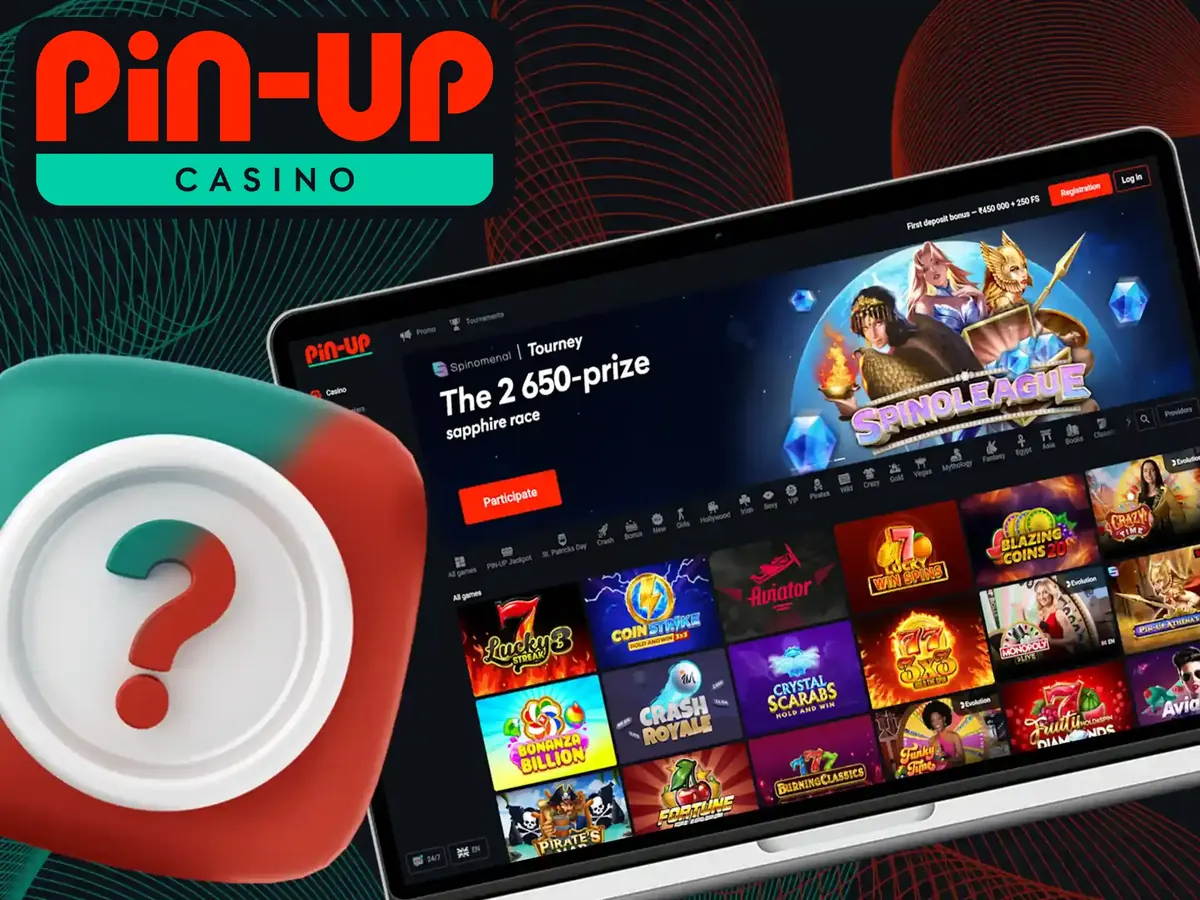 Pin-Up casino lobby on a laptop with a question mark – how to get started
