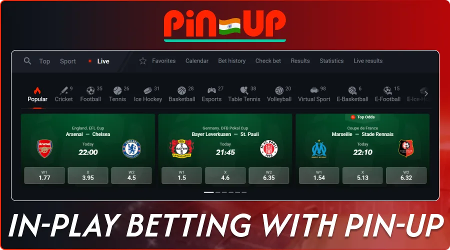 Pin-Up in-play betting screen showing live football odds