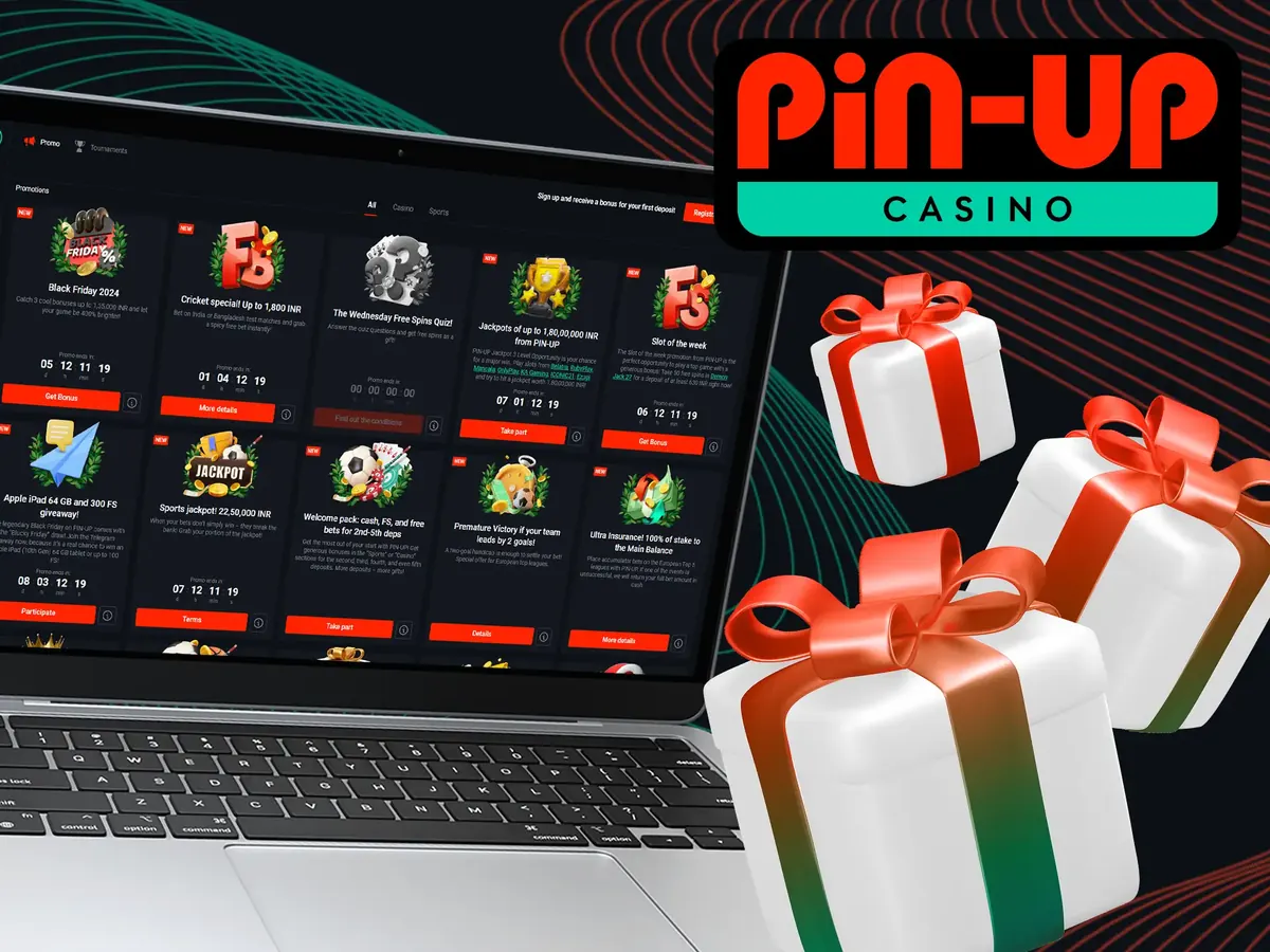 Pin-Up casino site on a laptop beside gift boxes – current promotions