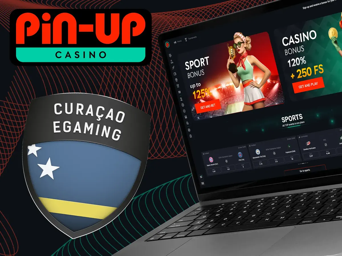 Curaçao eGaming shield beside the Pin-Up site on a laptop – checking the licence details