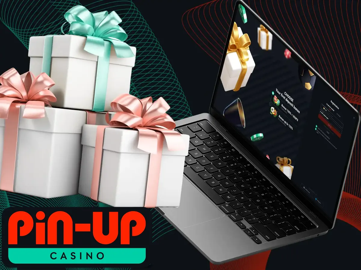 Gift boxes next to the Pin-Up casino site – welcome bonus